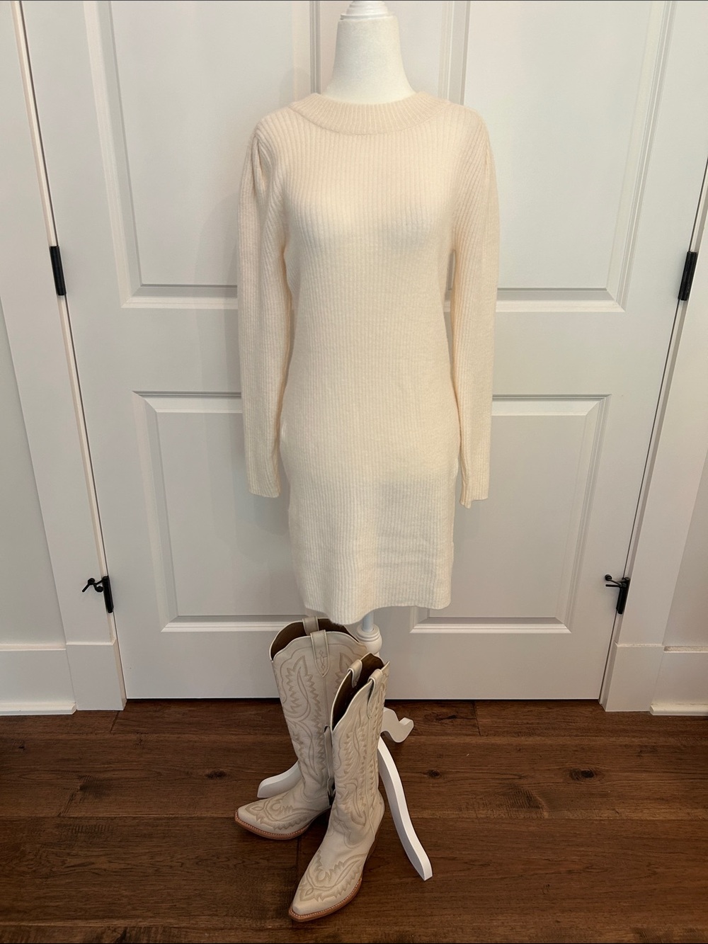 Z Supply Cream Rib-Knit Long Sleeve Dress